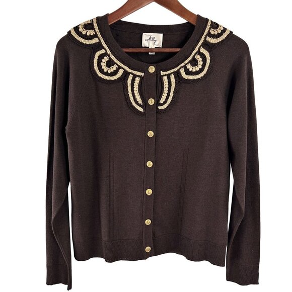 Milly of New York Cardigan Sweater Large Brown Silk Gold Crochet Embroidery Chic - Picture 4 of 15
